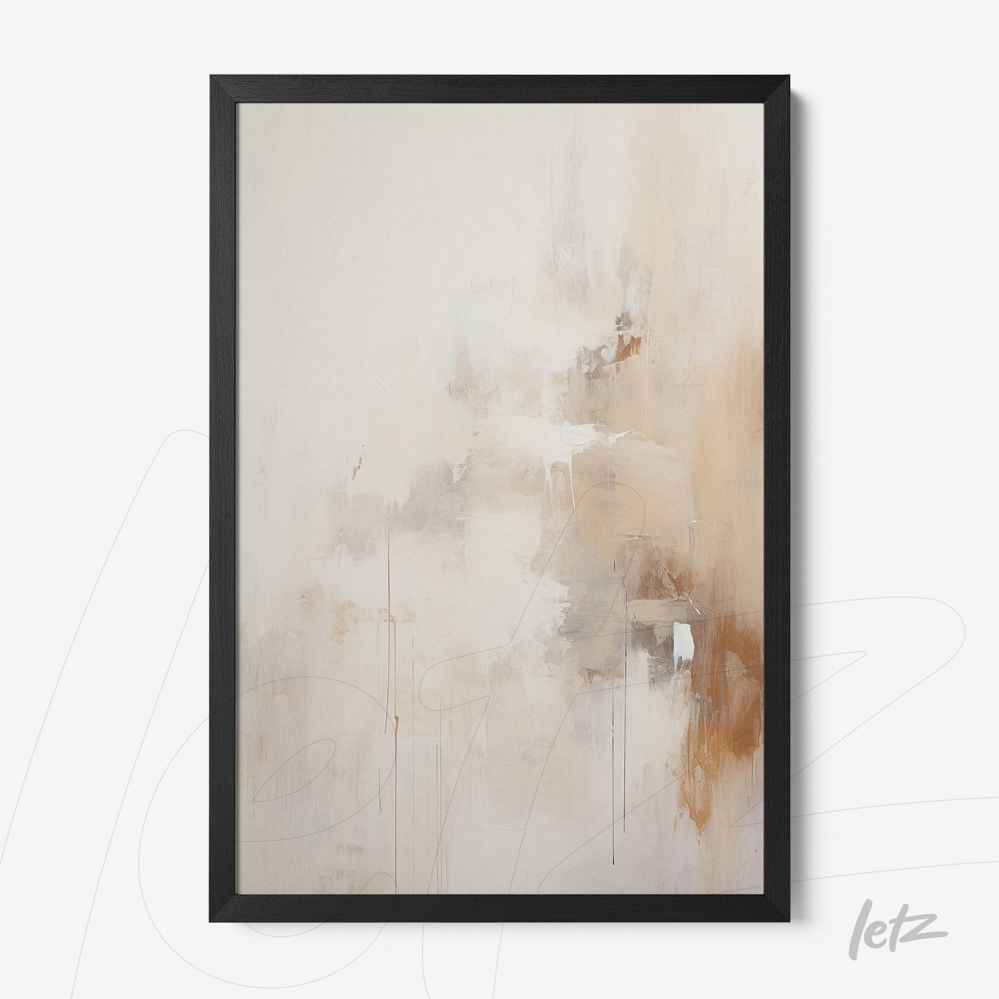 quadro abstrato com tons neutros e detalhes em marrom, em moldura preta