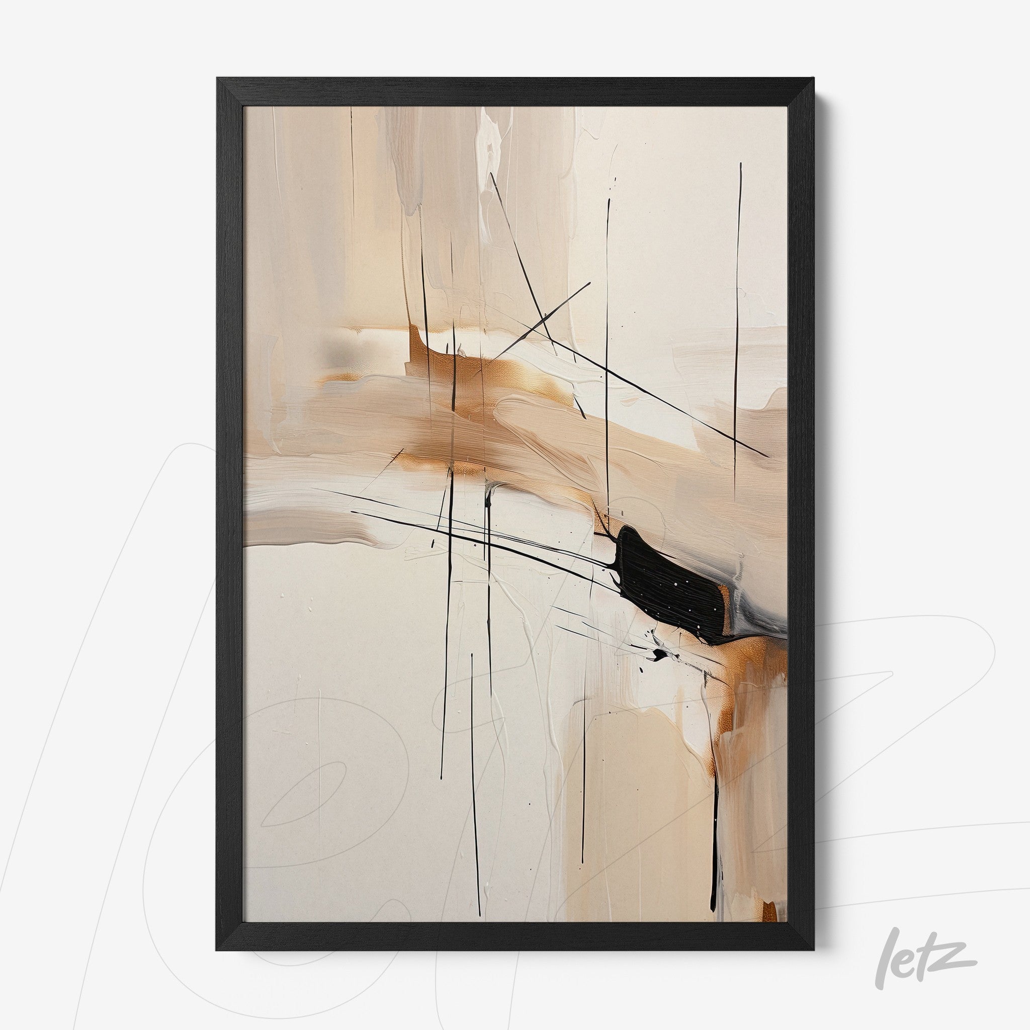 quadro com arte abstrata em tons de bege e preto, moldura preta elegante