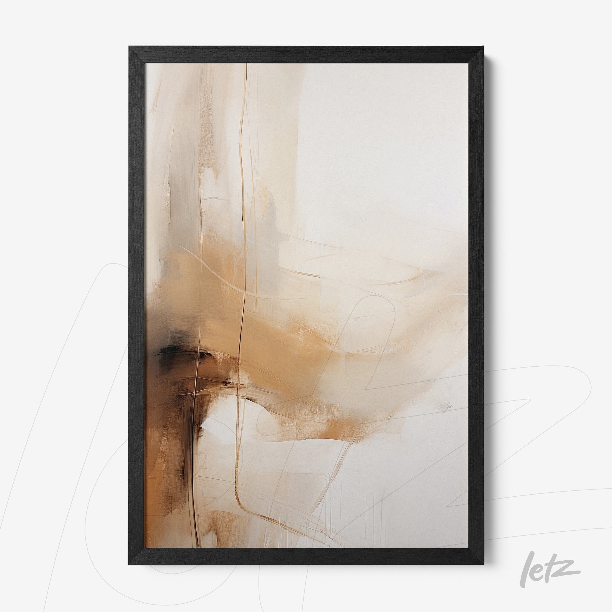 quadro com arte abstrata em tons de bege e marrom com moldura preta