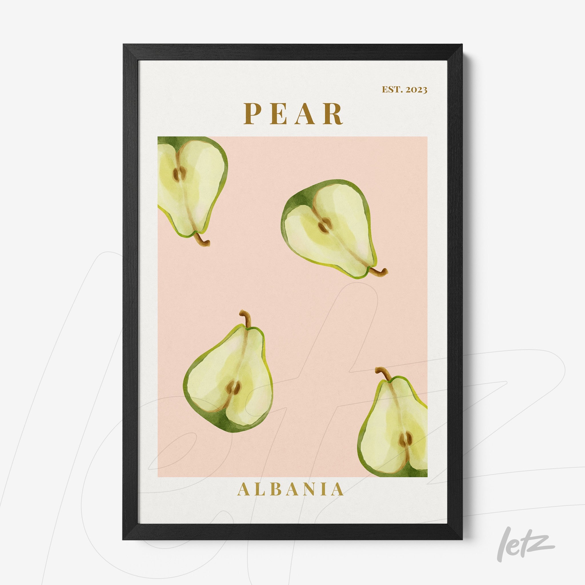 quadro com arte de peras em fundo rosa, moldura preta e texto 'PEAR' em dourado