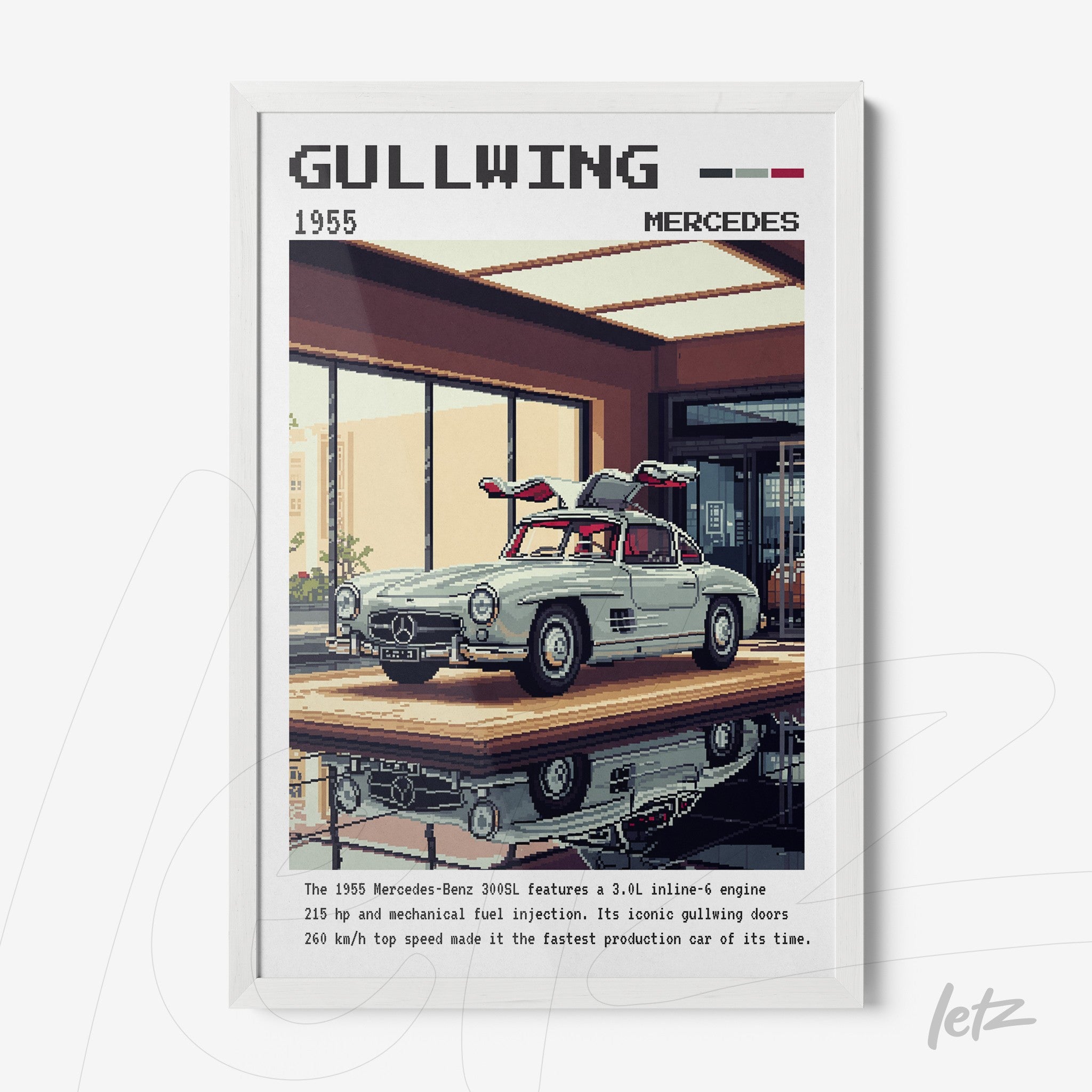 quadro com arte retrô do Mercedes-Benz 300SL Gullwing em moldura branca