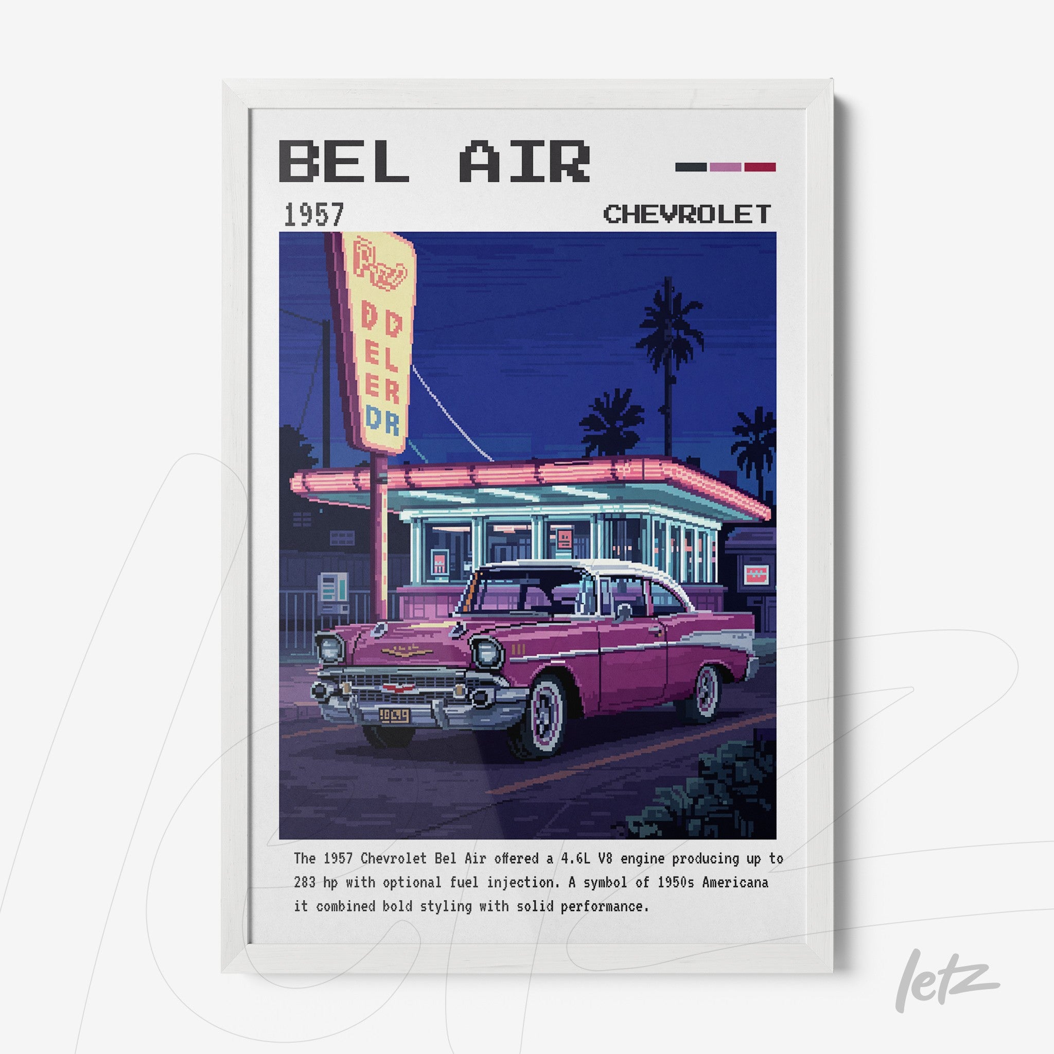 quadro com arte retrô de um Chevrolet Bel Air rosa em uma avenida iluminada por neon, com fundo de um diner clássico