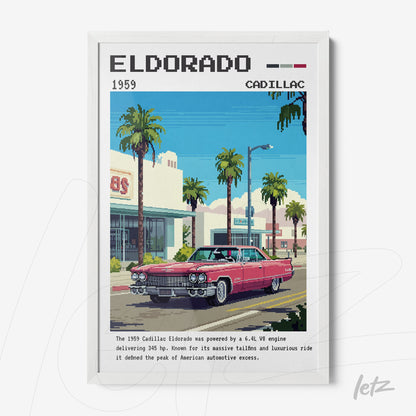 quadro com arte digital de um Cadillac Eldorado de 1959 em estilo retrô, com moldura branca e fundo de um boulevard palmado