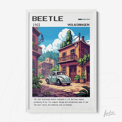 quadro com arte pixelada do carro Volkswagen Beetle de 1963 em moldura branca