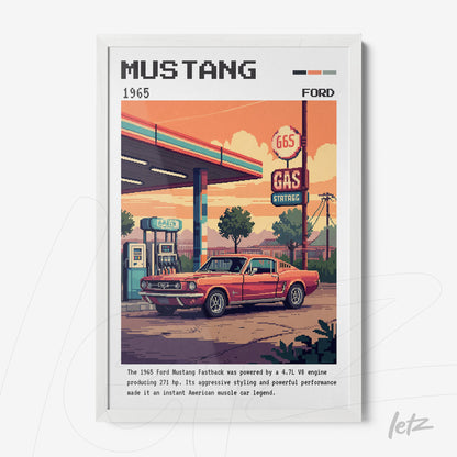 quadro com arte pixelada do carro Ford Mustang 1965 estacionado em posto de gasolina com moldura branca