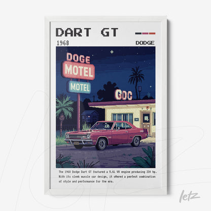 quadro retrô com arte digital do carro Dodge Dart GT de 1968 estacionado em frente ao Dodge Motel