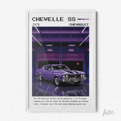 quadro com arte digital de carro clássico Chevrolet Chevelle SS 1970 em moldura branca