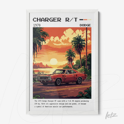 quadro com arte digital retrô de um Dodge Charger R/T vermelho em uma paisagem tropical com palmeiras