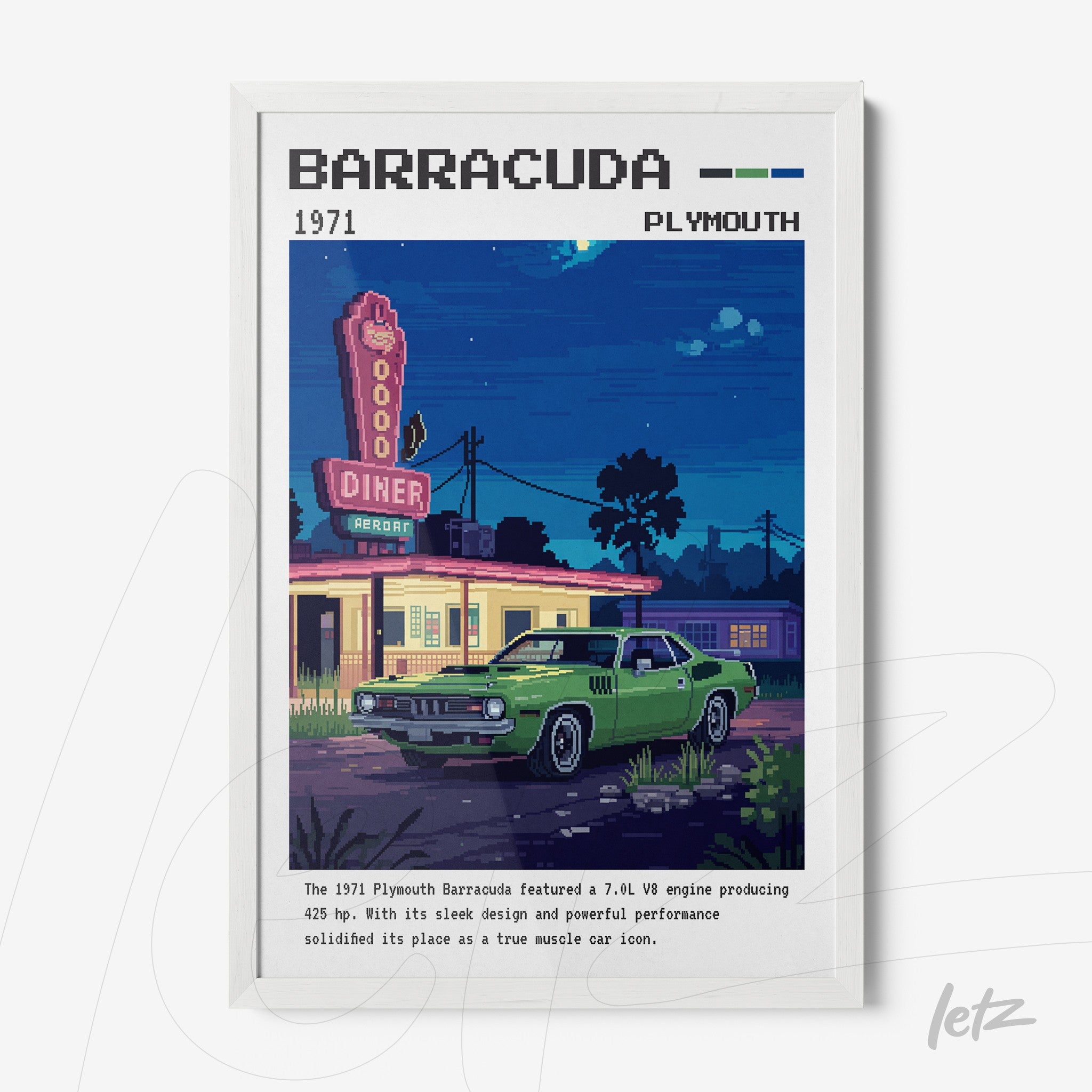 quadro com arte digital retrô de um Plymouth Barracuda verde em frente a um diner com letreiro iluminado em estilo pixelado