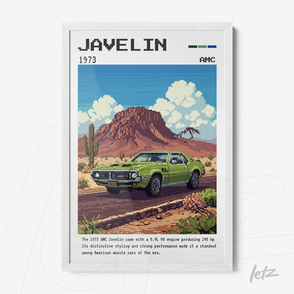 quadro com arte em pixel art do carro AMC Javelin 1973 em moldura branca