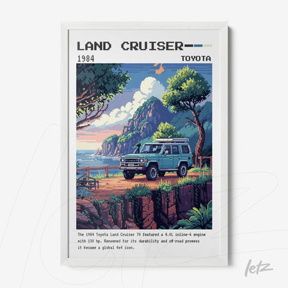 quadro emoldurado com arte pixelada do Toyota Land Cruiser 1984 em um cenário de montanha à beira-mar