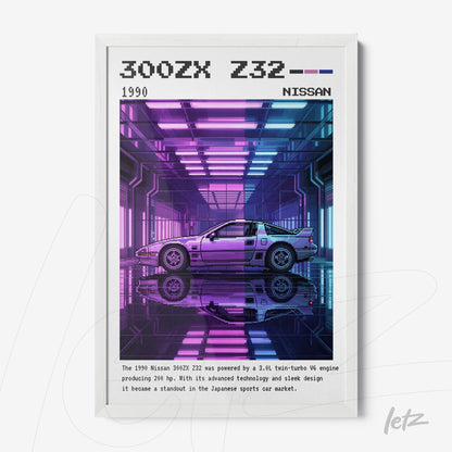 quadro com arte digital de carro esportivo 300ZX Z32 em fundo neon vibrante, moldura branca