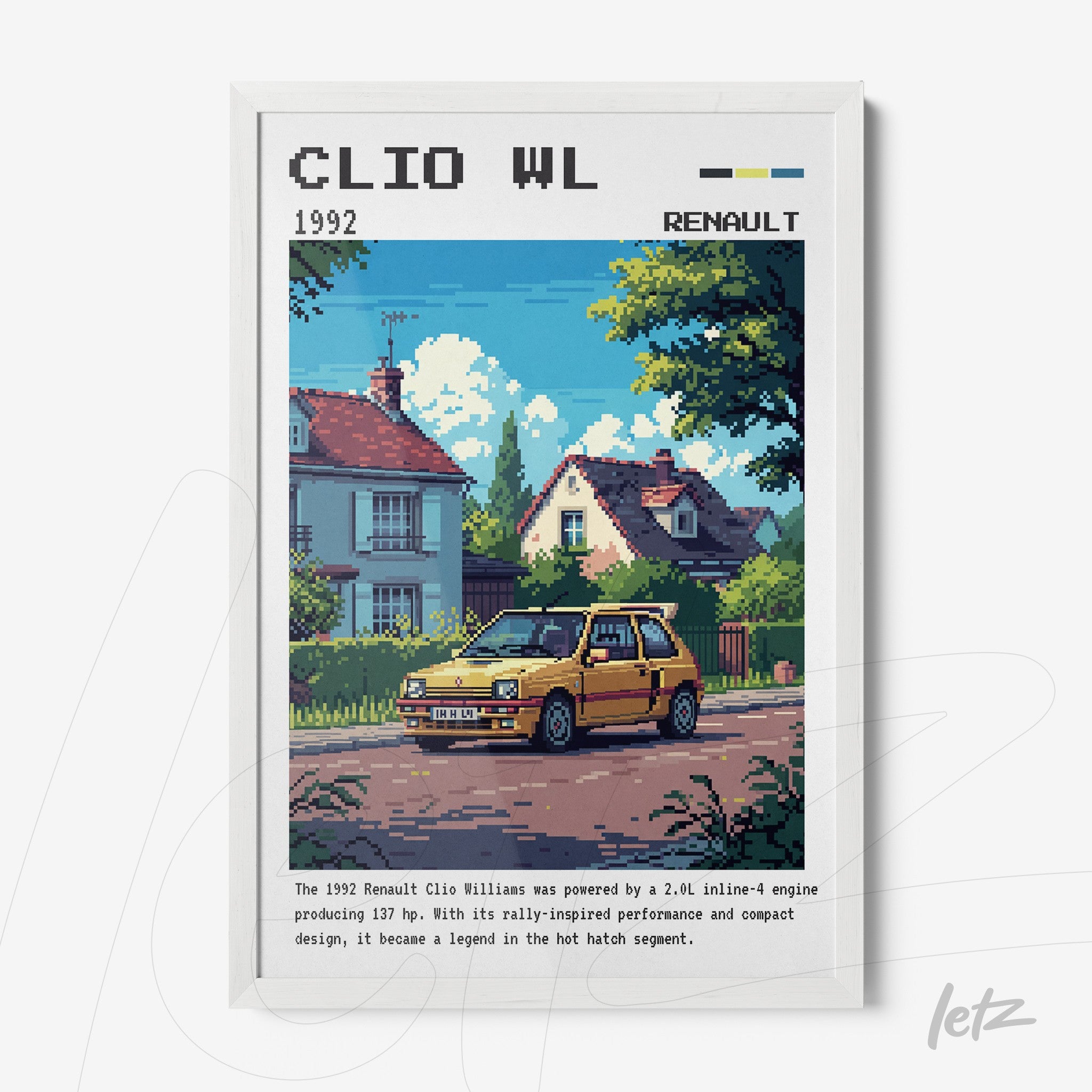 quadro com arte em pixel do carro Renault Clio Williams em uma rua residencial, moldura branca