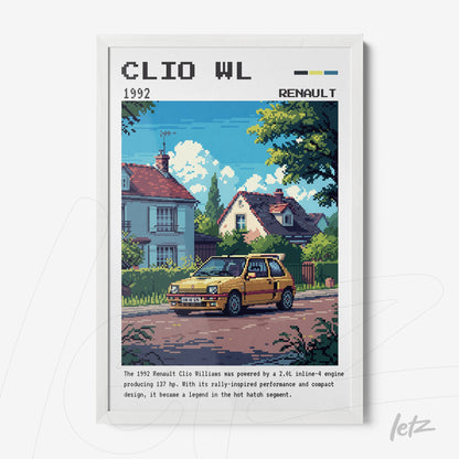 quadro com arte em pixel do carro Renault Clio Williams em uma rua residencial, moldura branca
