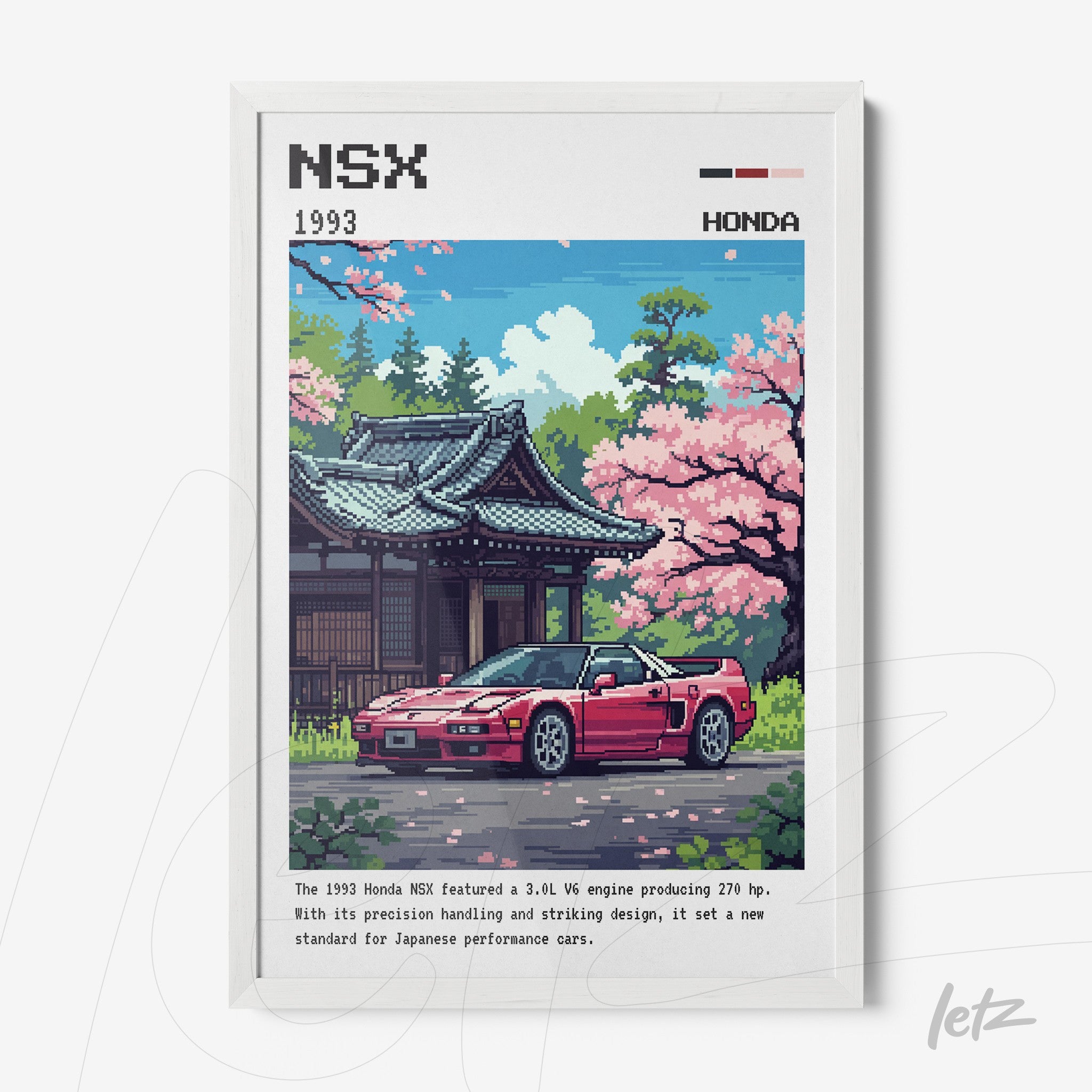 quadro com arte pixelada de um carro Honda NSX vermelho em frente a um templo japonês sob flores de cerejeira em moldura branca