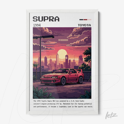 quadro com arte pixelada de um carro esportivo Toyota Supra 1994 em uma paisagem urbana ao pôr do sol com moldura branca