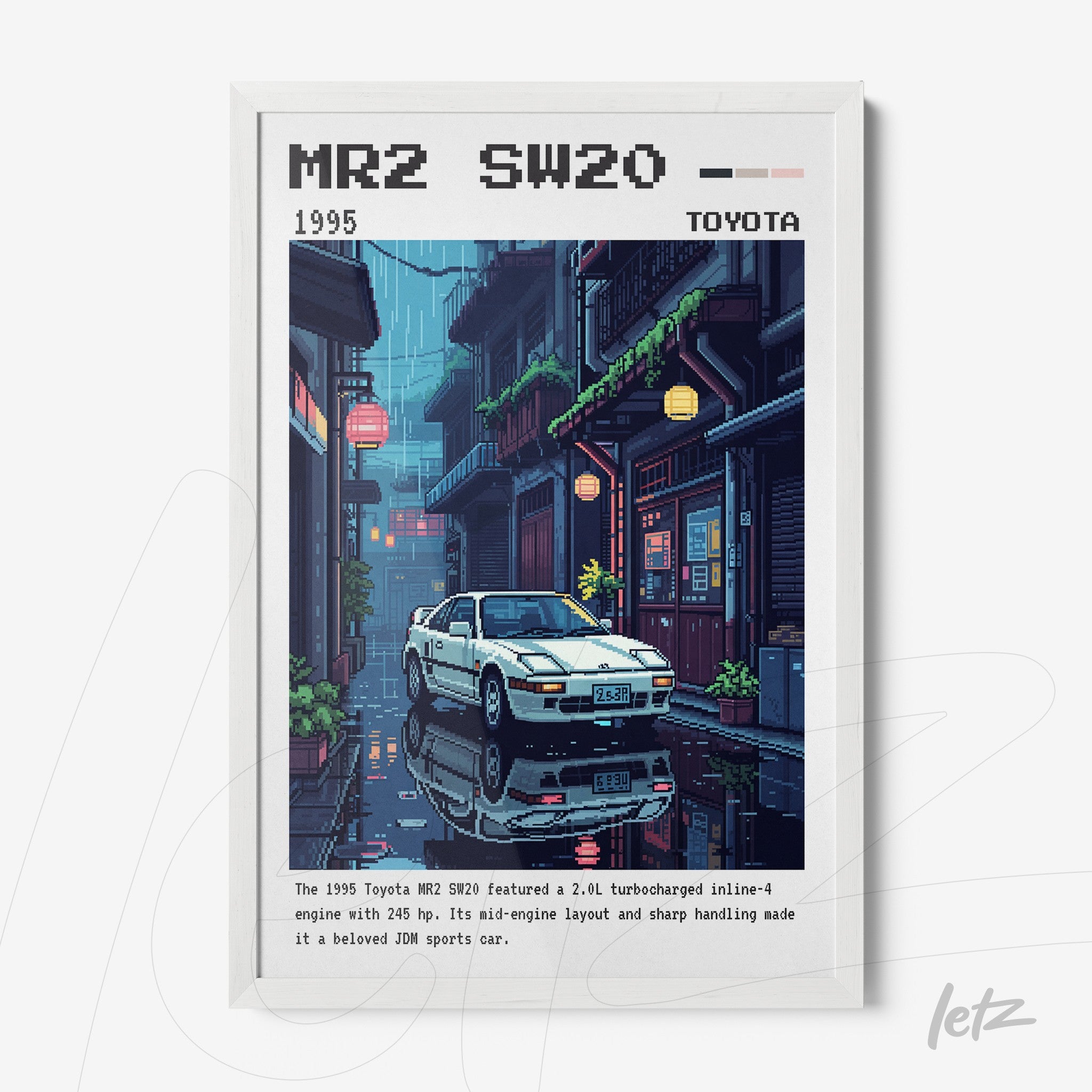 quadro com arte pixelada de um carro Toyota MR2 SW20 em rua de cidade, moldura branca