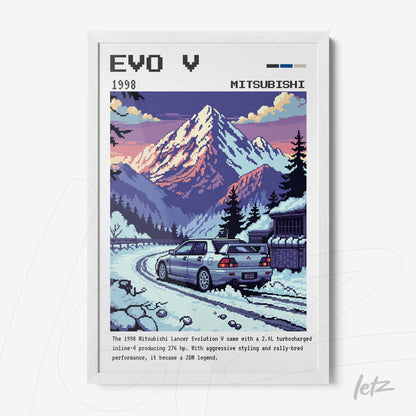 quadro em estilo pixel art do Mitsubishi Lancer Evolution V com montanhas ao fundo e moldura branca