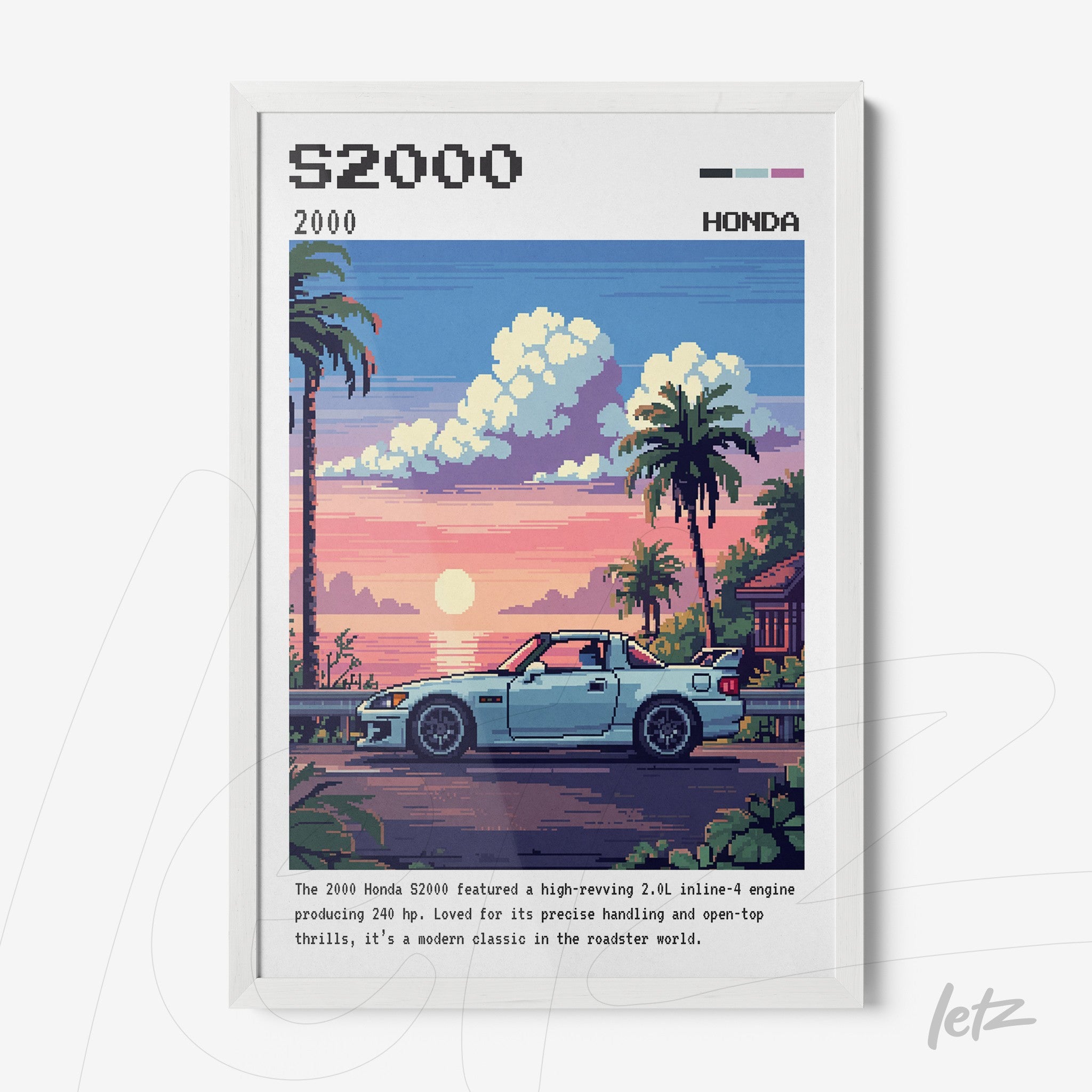 quadro com arte pixelada de um carro S2000 da Honda em uma paisagem à beira-mar ao pôr do sol, moldura branca