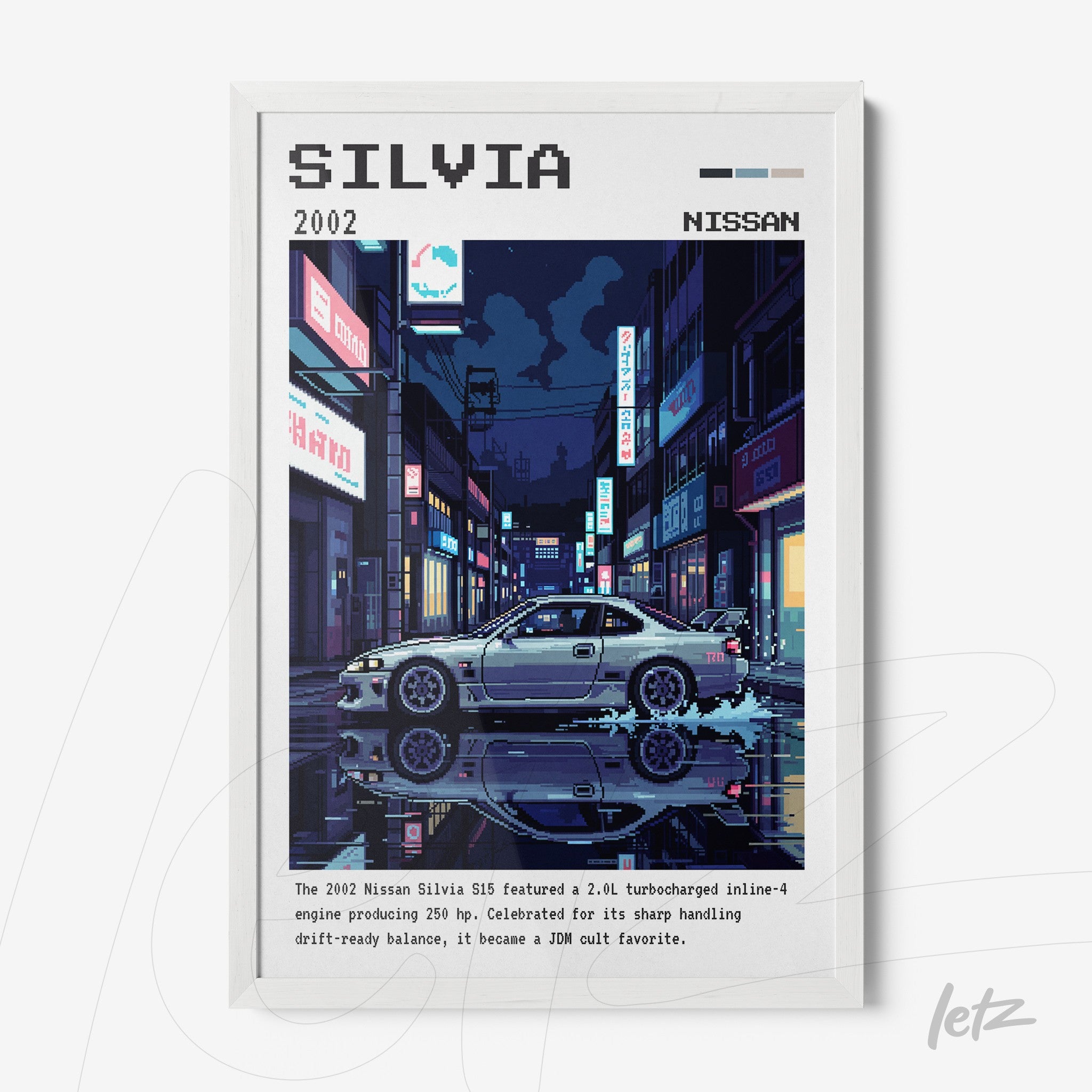 quadro com arte digital em estilo pixelado de um Nissan Silvia 2002, moldura branca, fundo urbano noturno com letreiros coloridos