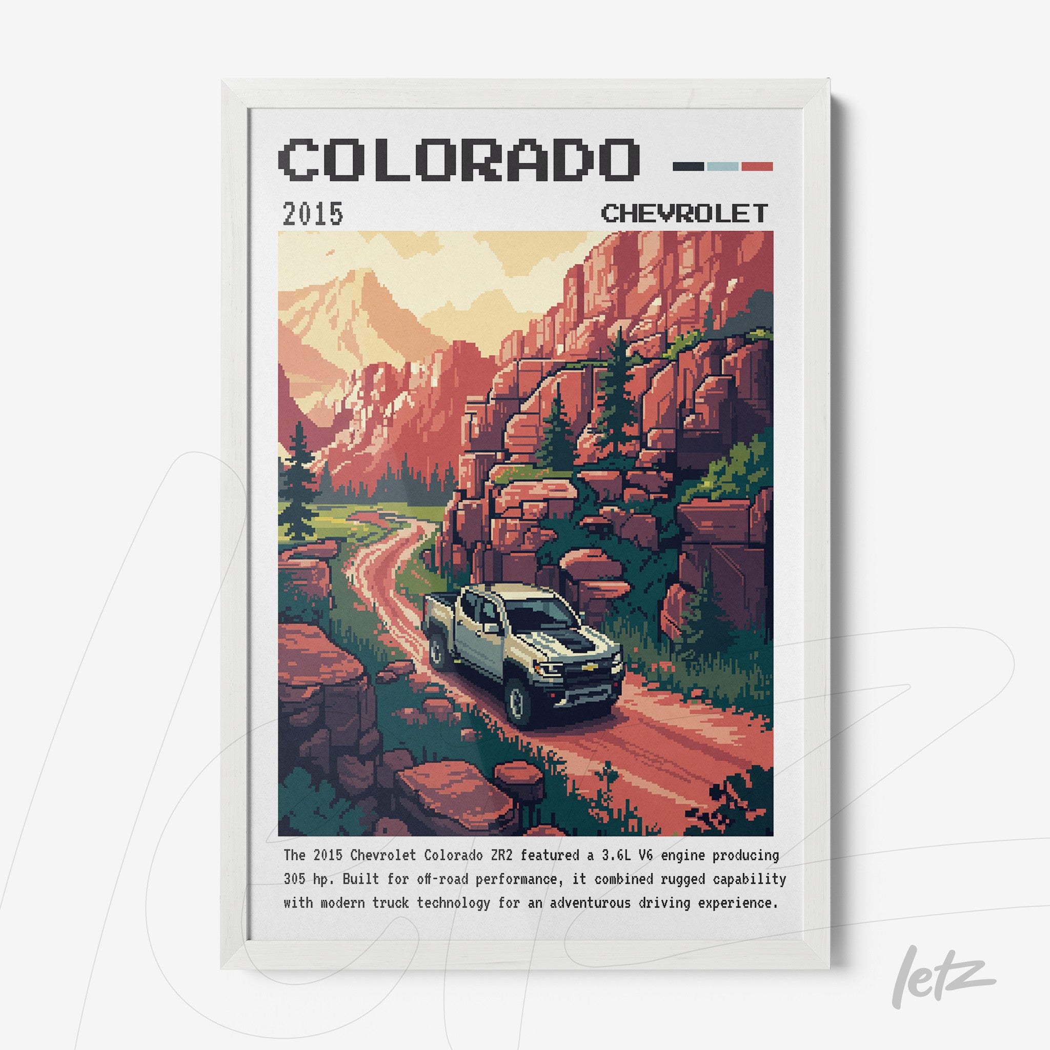 quadro com arte estilo retrô de um carro Chevrolet Colorado em uma estrada de montanha emoldurado em branco