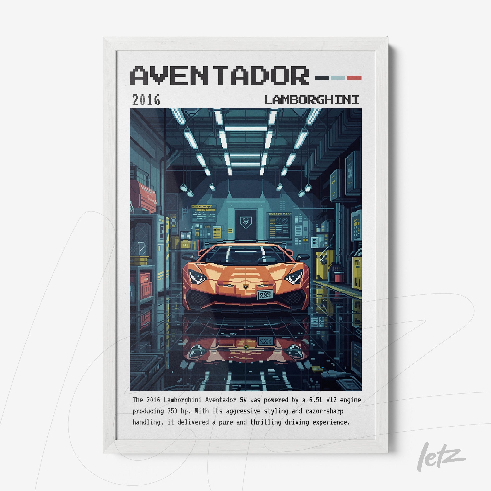 quadro emoldurado com arte digital do carro Lamborghini Aventador em um ambiente de garagem, mostrando detalhes tecnológicos e cores vibrantes