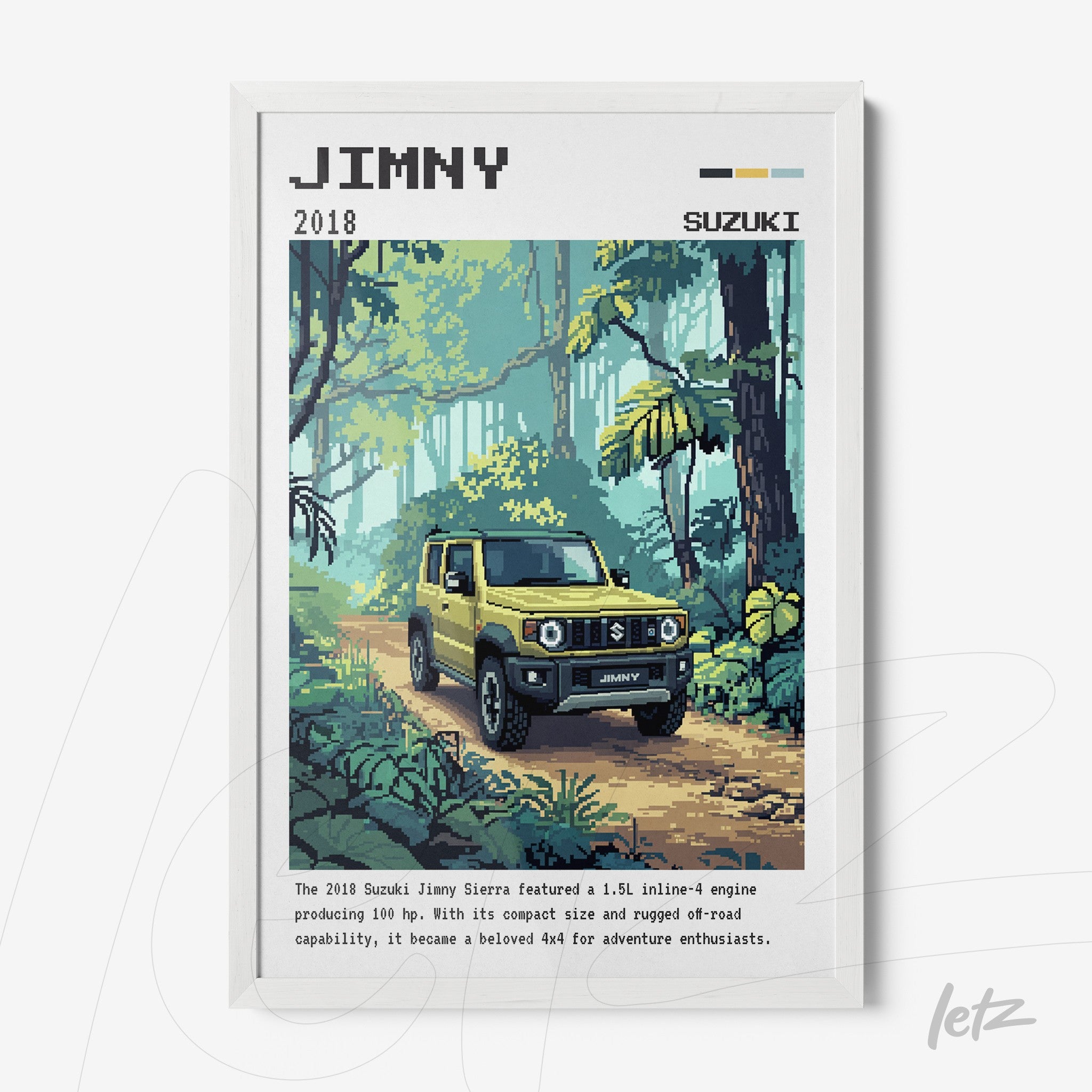 quadro com arte pixelada retratando um Suzuki Jimny amarelo em meio a uma floresta tropical com vegetação exuberante, moldura branca