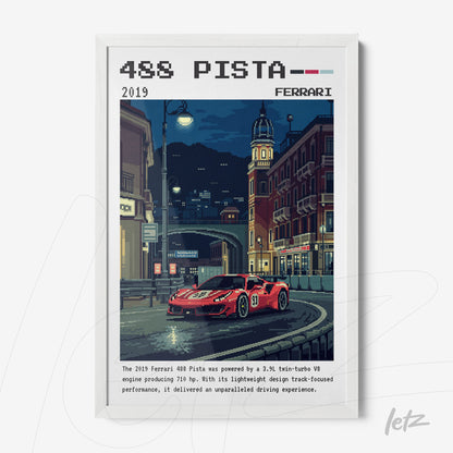 quadro com arte pixelada do carro Ferrari 488 Pista em uma cidade à noite, com moldura branca