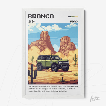 quadro com arte digital do carro Ford Bronco 2020 em estilo pixelado, apresentado em moldura branca