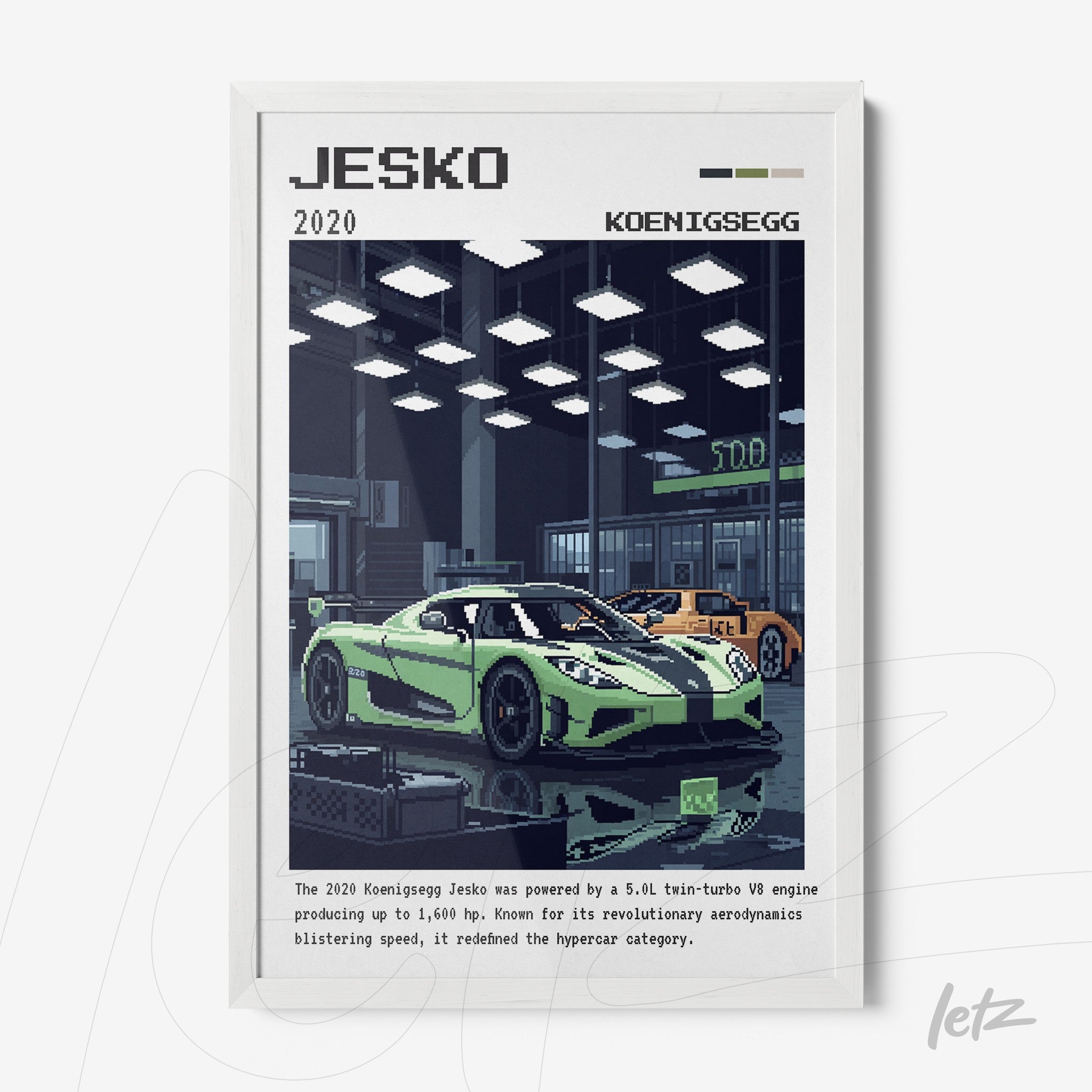 quadro com arte digital de carro esportivo Koenigsegg Jesko em moldura branca