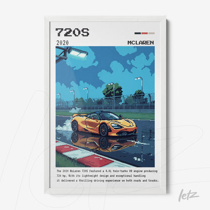quadro com arte pixelada do carro McLaren 720S em pista molhada, moldura branca