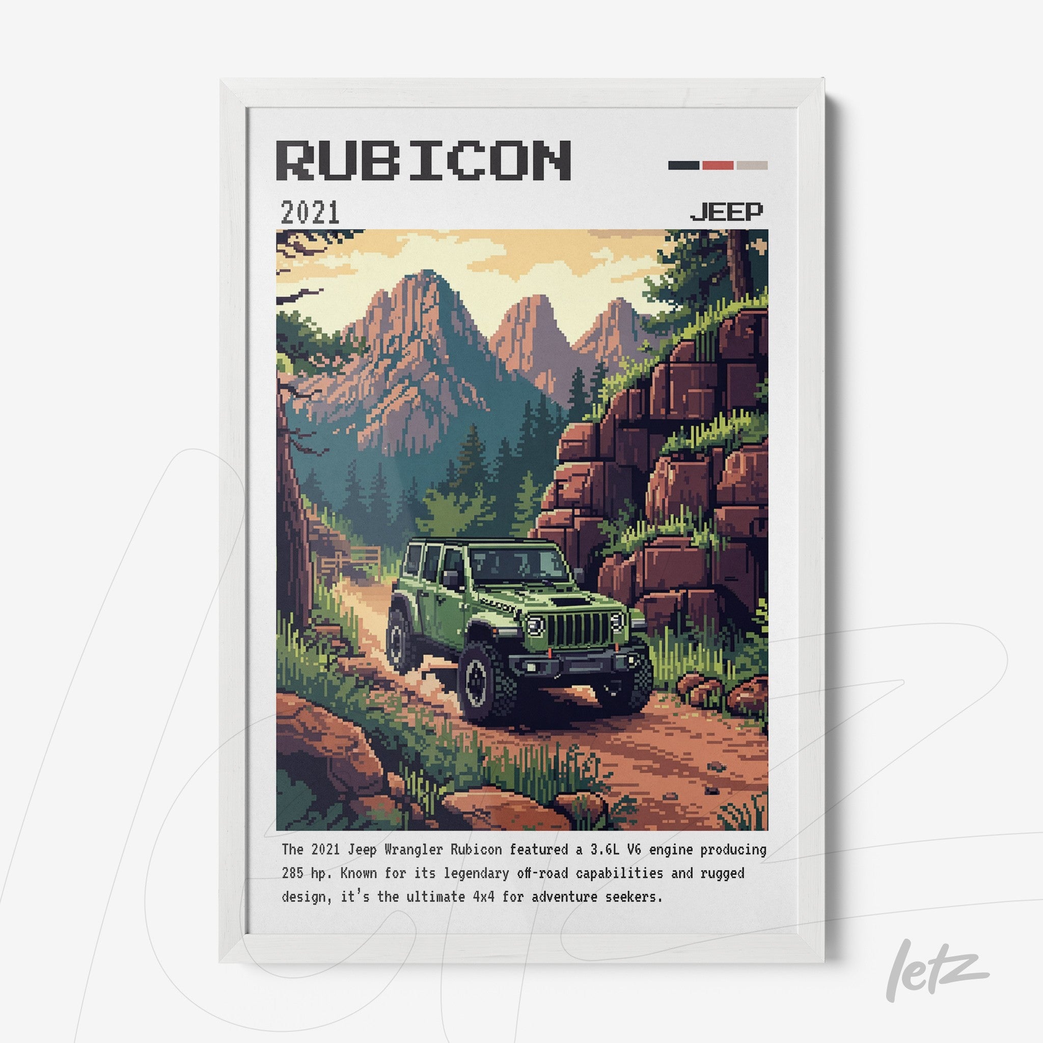 quadro com arte digital retrô de um Jeep Wrangler Rubicon em caminho montanhoso, moldura branca