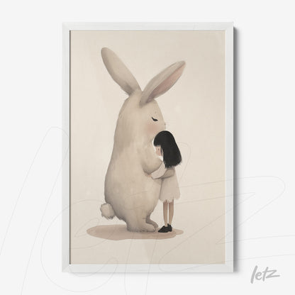quadro com ilustração suave de uma menina abraçando um coelho grande em moldura branca
