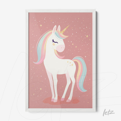 quadro decorativo com ilustração de unicórnio em fundo rosa com estrelas, moldura branca