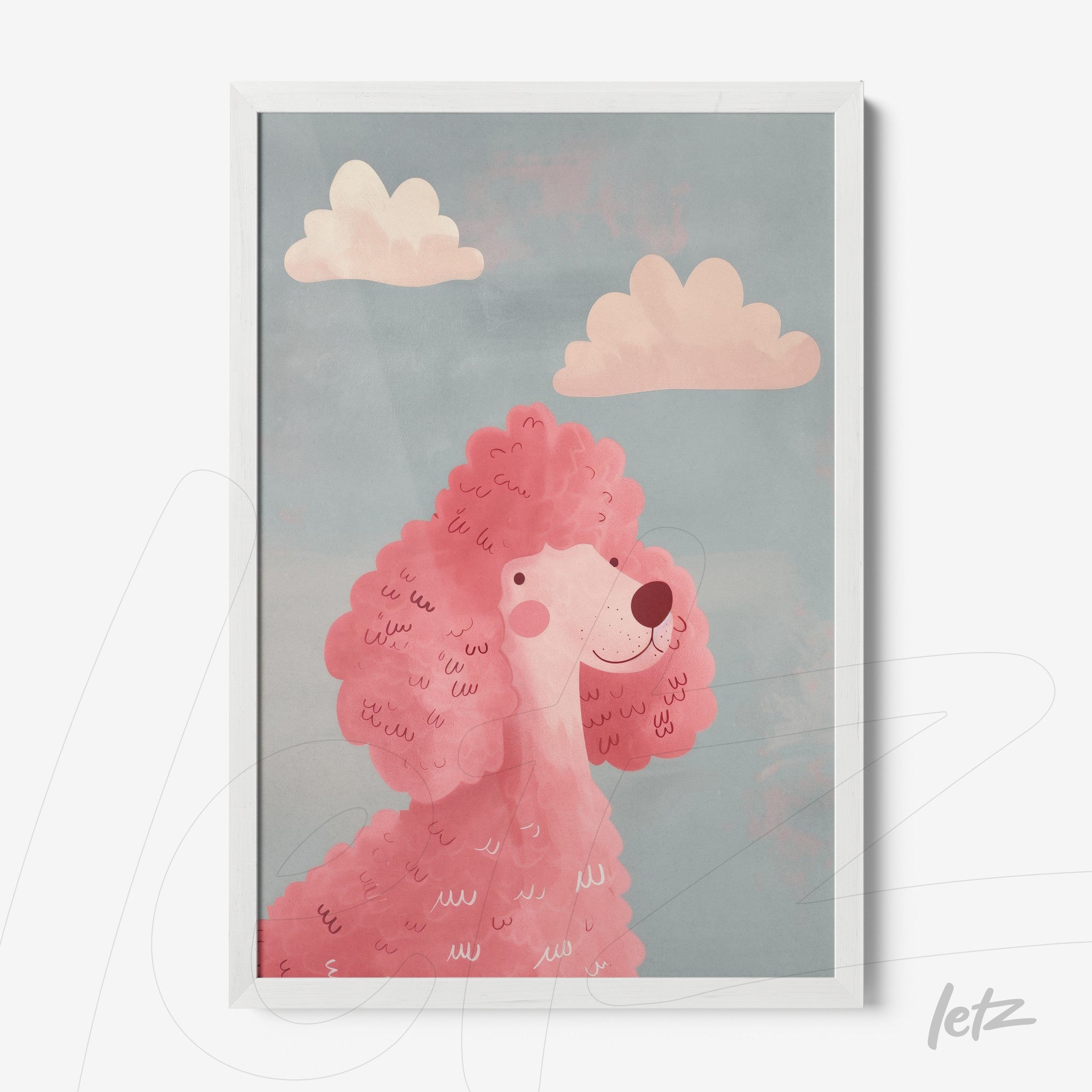 quadro com ilustração de poodle cor-de-rosa sob céu azul com nuvens claras em moldura branca