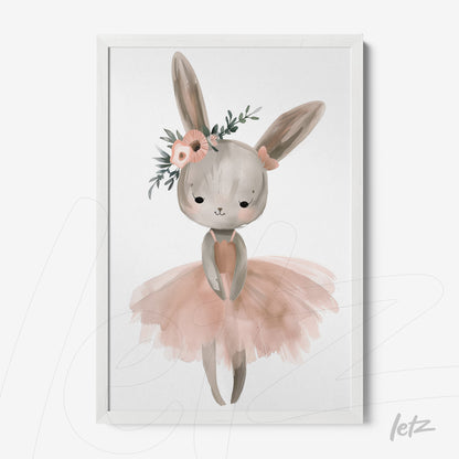 quadro com ilustração de coelha bailarinha vestindo um tutuzinho rosa e detalhes em flores