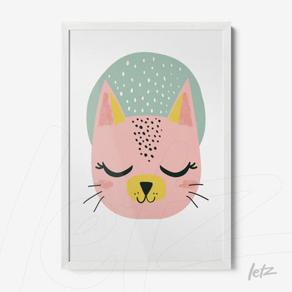 quadro com ilustração de gato rosa com fundo verde em moldura branca