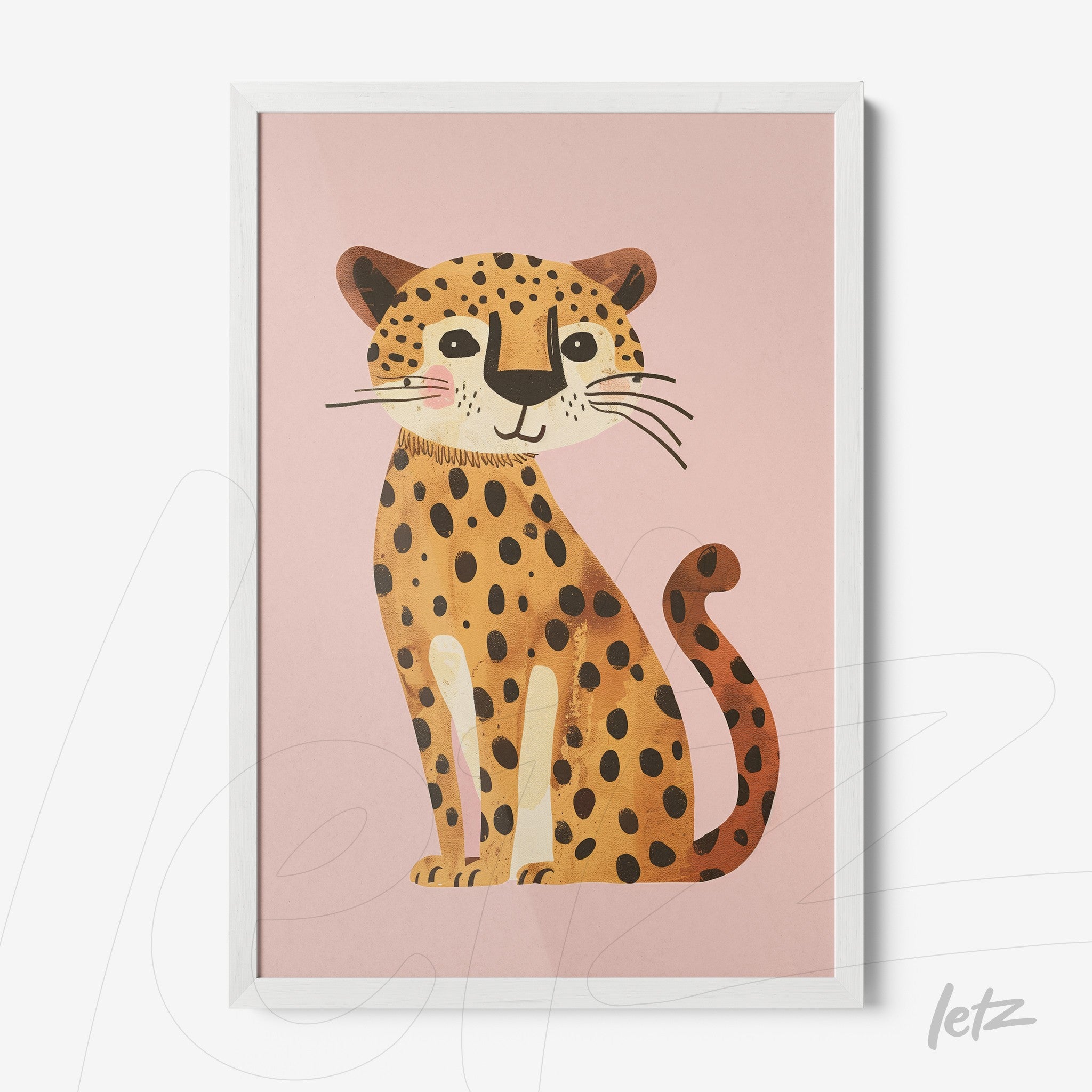 quadro com ilustração infantil de um jaguar em fundo rosa e moldura branca