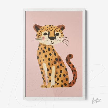 quadro com ilustração infantil de um jaguar em fundo rosa e moldura branca