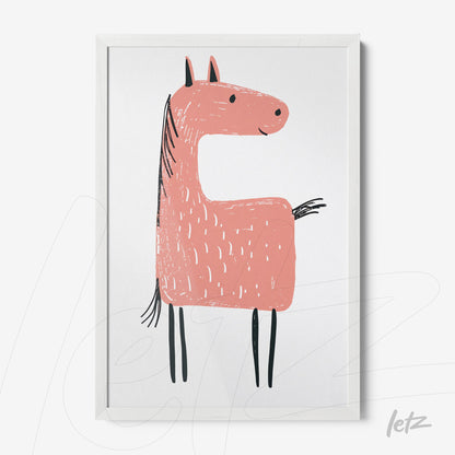 quadro com ilustração divertida de cavalo rosa em moldura branca