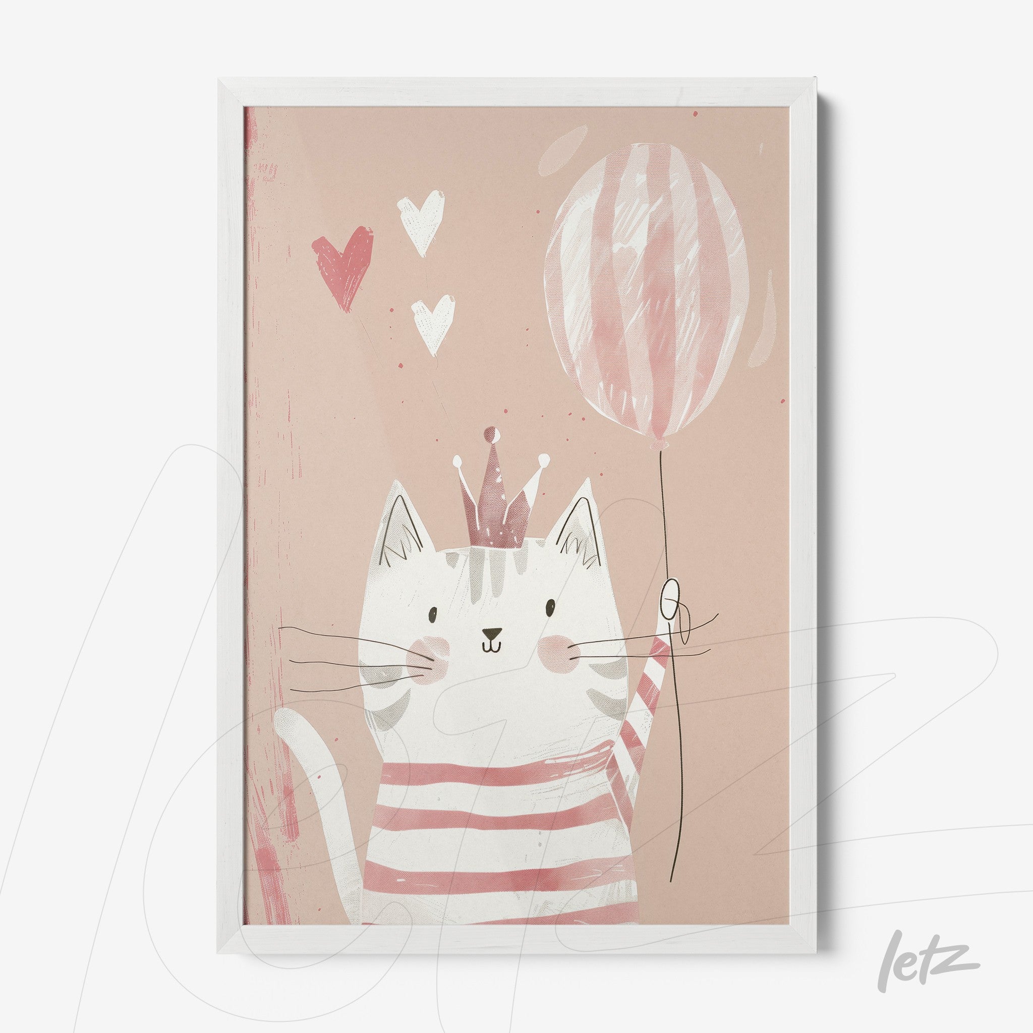 quadro com arte infantil de gato com chapéu de festa segurando balão e fundo rosa claro em moldura branca
