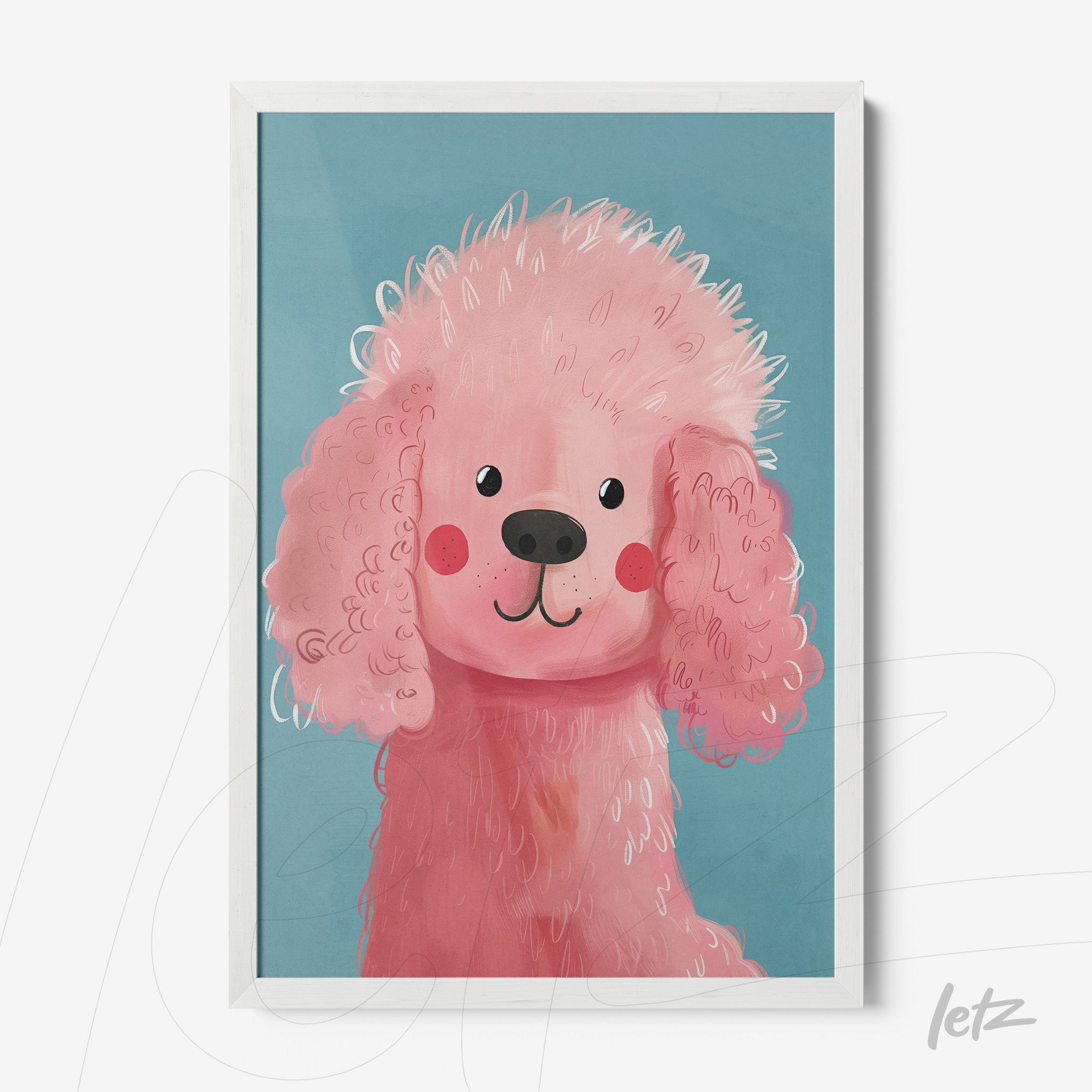 quadro com ilustração de um cachorro rosa com cabelo encaracolado em moldura branca