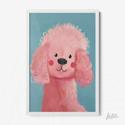 quadro com ilustração de um cachorro rosa com cabelo encaracolado em moldura branca