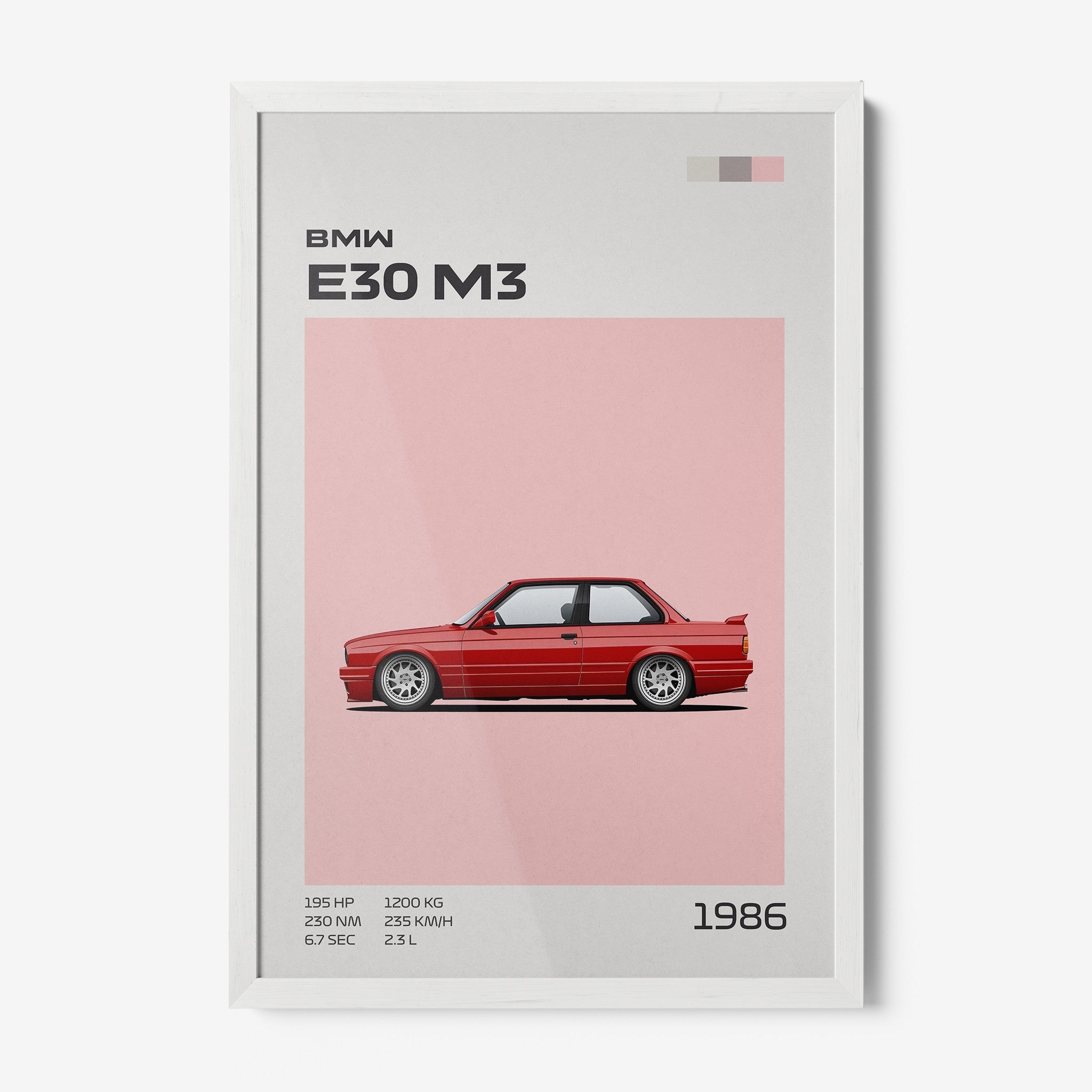 quadro com ilustração minimalista do carro BMW E30 M3 em moldura branca