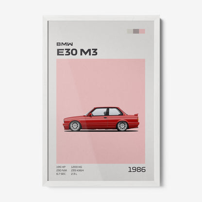 quadro com ilustração minimalista do carro BMW E30 M3 em moldura branca