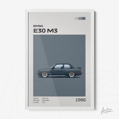 quadro com ilustração minimalista do carro BMW E30 M3 em moldura branca