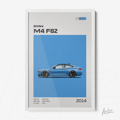 quadro com arte minimalista do carro BMW M4 F82 em moldura branca, fundo azul claro