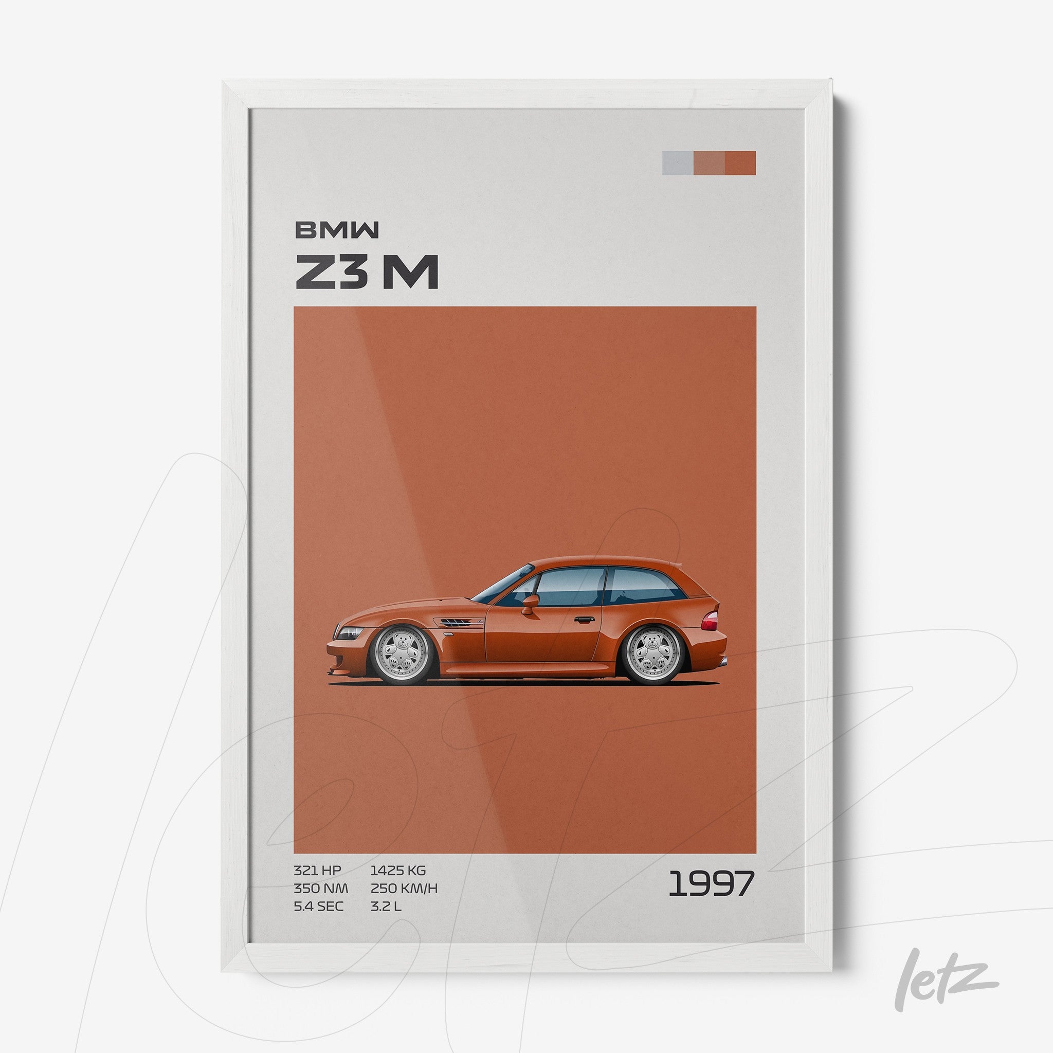 quadro com ilustração do carro BMW Z3M em moldura branca, apresentando fundo laranja e informações técnicas na parte inferior
