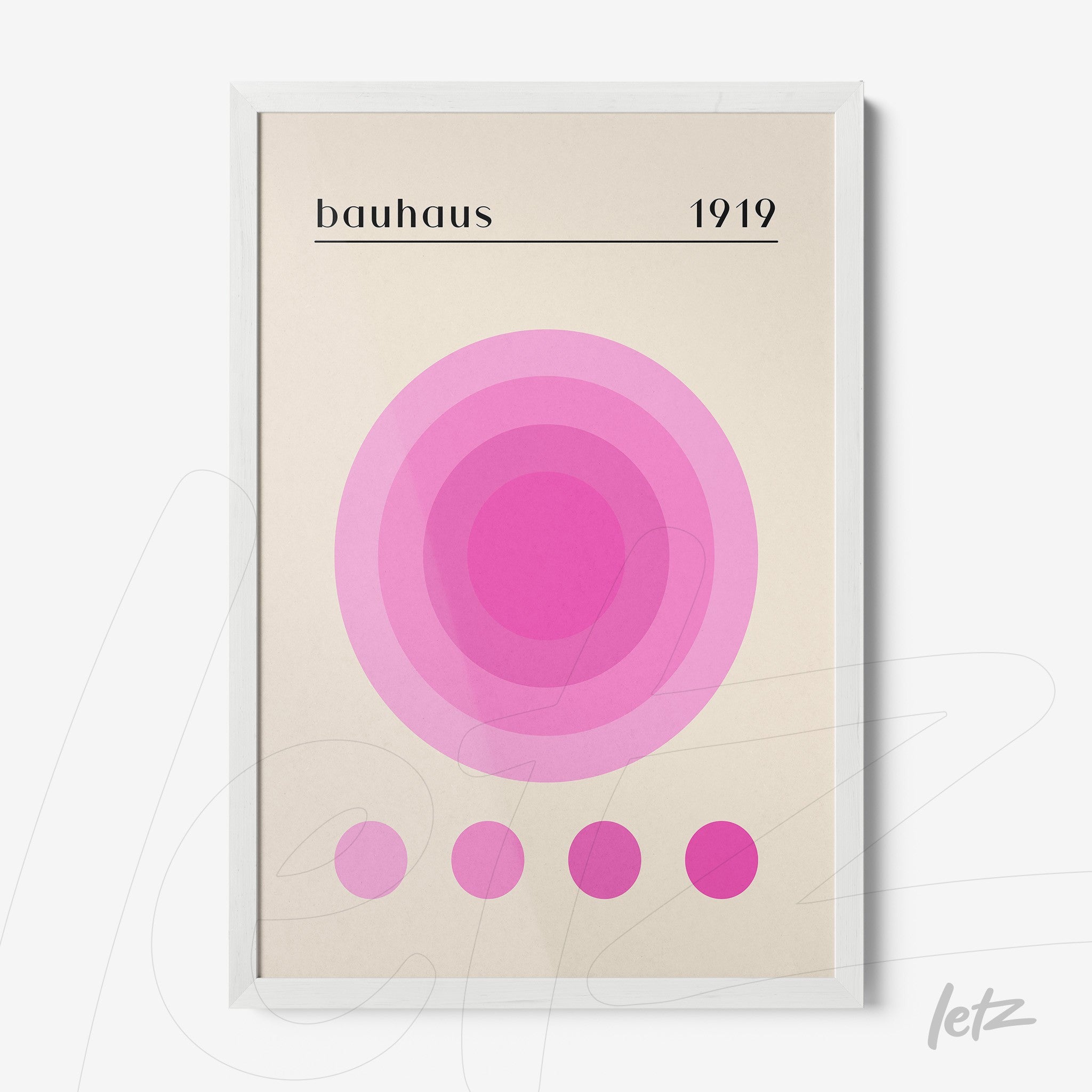 pôster impresso com design geométrico rosa estilo bauhaus em moldura branca