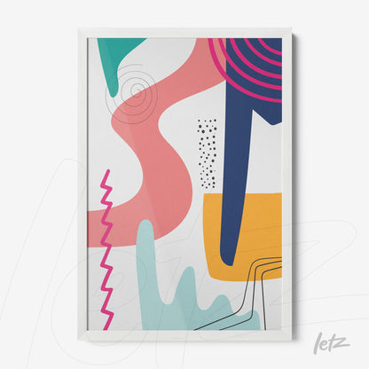 poster impresso de arte abstrata colorida com formas geométricas e linhas sinuosas em moldura branca